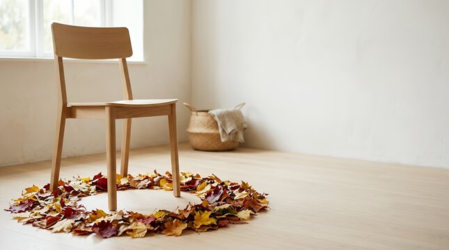 紅葉した落ち葉に囲まれた木製椅子の秋インテリア
