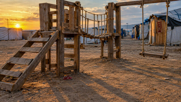Refugees Vertical Image of a Wooden Playground in Camp