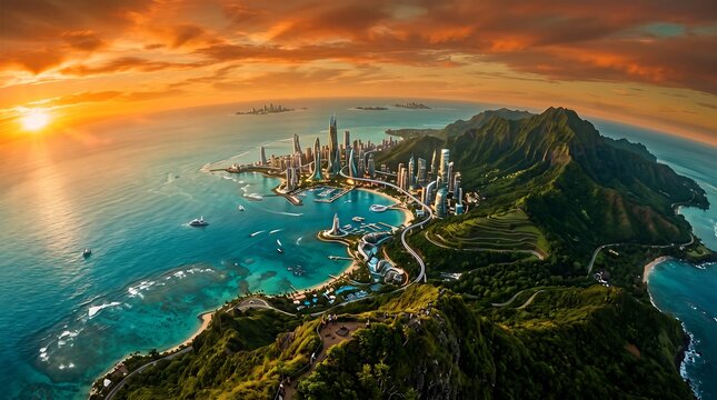 Futuristic Tropical Coastal City at Sunset Panorama