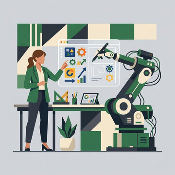 Businesswoman collaborating with industrial robot arm for digital graphic design and data analysis.
