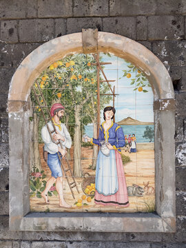 Sorrento Public Garden Mosaic with Large Painted Tiles Depicting Life in the Bay of Naples with Vesuvius Smoking in the Background