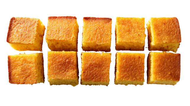 Freshly baked cornbread squares arranged neatly in rows showing golden crust and soft crumb texture for bakery display isolated on white background