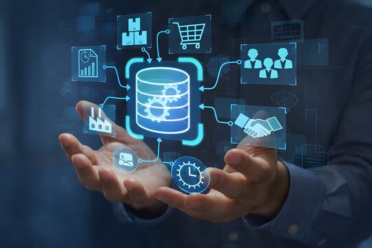 Enterprise resource planning ERP system. Real-time project management and data integration. Businessperson holding database icon.