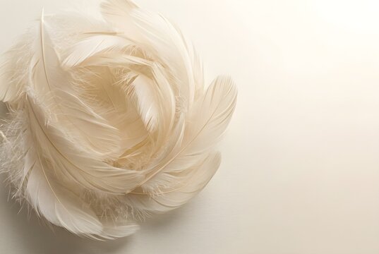lightweight natural feathers gently overlapping and drifting across one side of a softly illuminated neutral background, extremely fine barbs and delicate shafts with generous copy space.