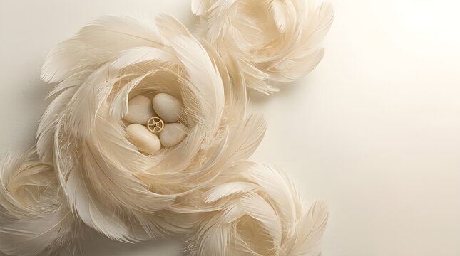 lightweight natural feathers gently overlapping and drifting across one side of a softly illuminated neutral background, extremely fine barbs and delicate shafts with generous copy space.
