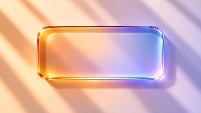 Modern 3D glossy rounded rectangle glass frame with copy space, sleek glowing iridescent transparent border on warm shadow background