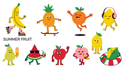 Fototapeta premium Summer fruit characters with funny expressions enjoying vacation in colorful vector design.