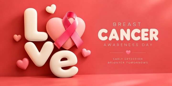 Breast cancer awareness concept with love letters and pink ribbon awareness campaign prevention typography feminine