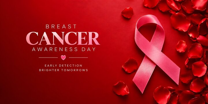 Pink awareness ribbon on red background with scattered flower petals awareness background campaign prevention