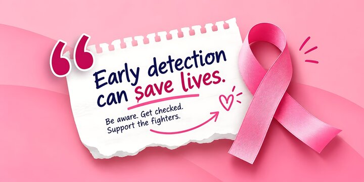 Pink ribbon symbol of breast cancer awareness beside a note with inspirational quote awareness detection oncology