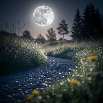 Full moon shining brightly over rural path at night time