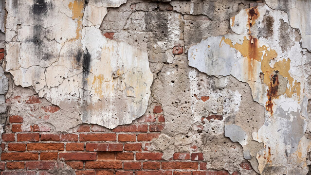 Weathered brick wall displaying peeling white plaster layers and dramatic rustic surface damage texture details