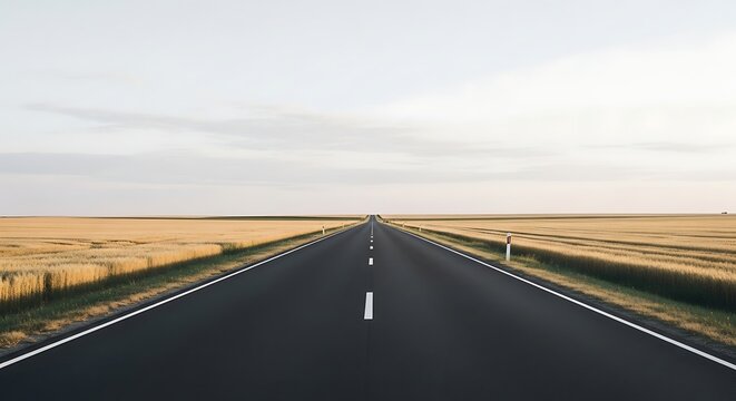 Endless straight asphalt road cutting through expansive golden crop fields