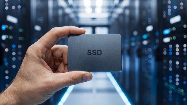Modern solid state drive held in human hand inside professional data center server room environment