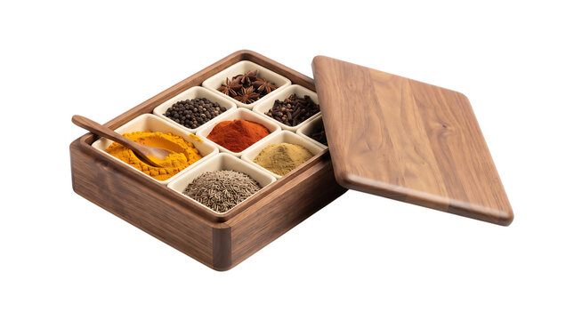 Wooden box with various spices and herbs organized in small containers