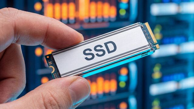 Modern solid state drive held in human hand against blurred datacenter server rack background lighting