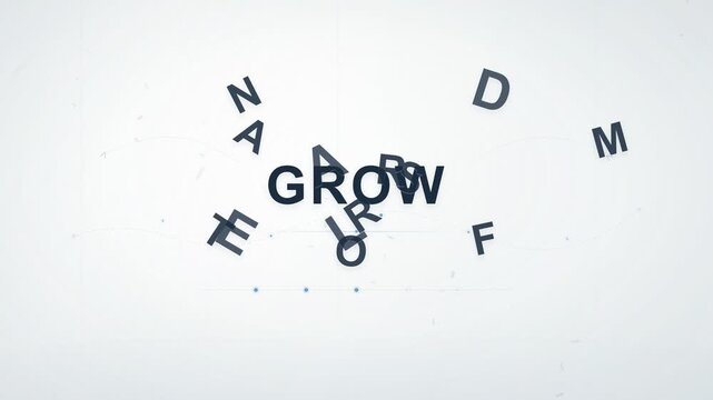 Dynamic animation of scattered letters forming words like grow adapt and learn in sequence with motion and transition effects on a plain white background
