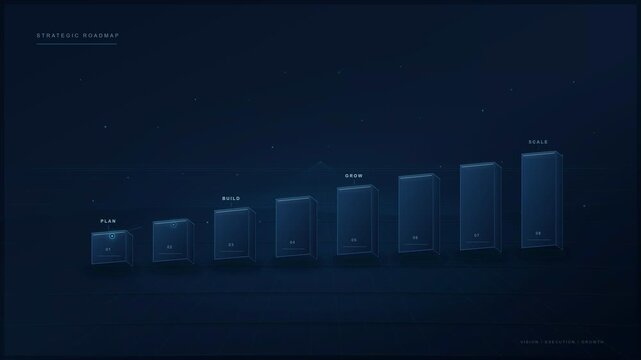 Dynamic digital data visualization with ascending bar graphs and animated motion in a futuristic dark technology environment for business presentation