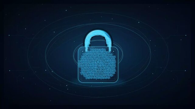 Dynamic digital lock unlocking animation with particles and glowing effects illustrating security and data protection in a modern technology scene