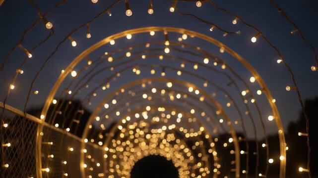 Enchanting Tunnel of Golden String Lights at Night