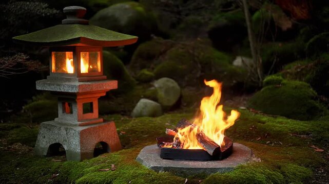 Traditional Japanese Stone Lantern and Bonfire in a Mossy Garden
