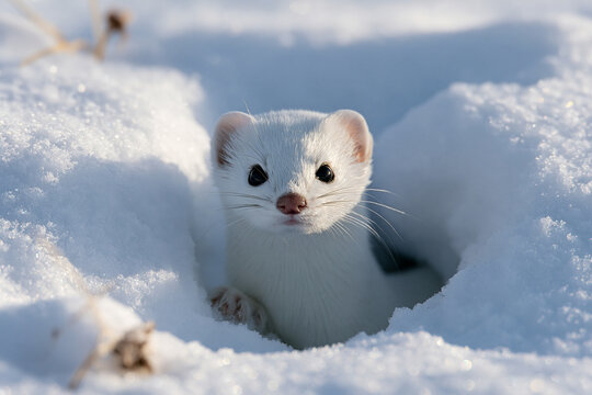 Cute White Ermine Peeking Out of a Snow Hole in Winter
