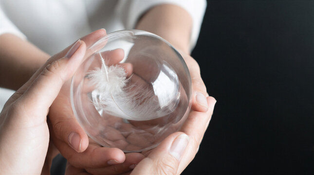 Fragile glass orb containing a single floating white feather cradled carefully in hands