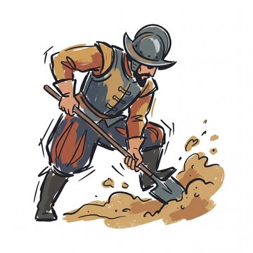 Spanish conquistador digging the ground with a shovel