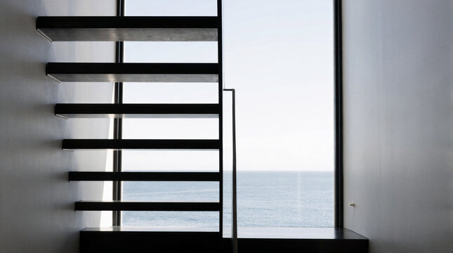 Modern open-riser staircase featuring 40mm-thick blackened steel treads supported by twin slender stringers and 120mm vertical gaps overlooking the ocean view