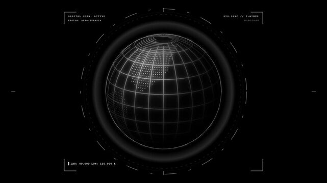 A highly detailed 3D realistic wireframe globe on a pure black background. Features white glowing latitude and longitude lines drawing themselves, continents (Africa/Europe) emerging as point clouds,