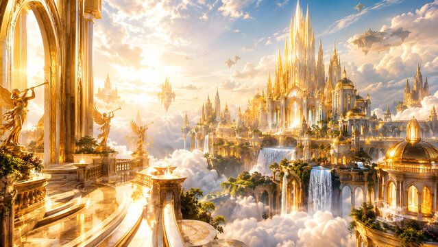 Heavenly Golden City in the Clouds, Heaven Golden City, Glowing Celestial Architecture, Divine Paradise and Spiritual Fantasy Landscape