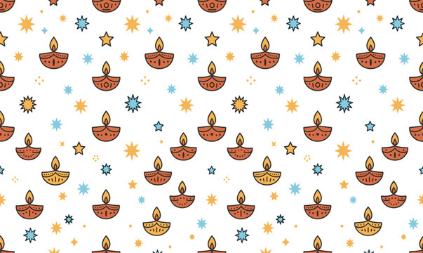 Seamless pattern with traditional Diwali diya oil lamps and stars on white background