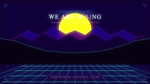 we are hiring retro wave synth grid sunset mountain loop animation