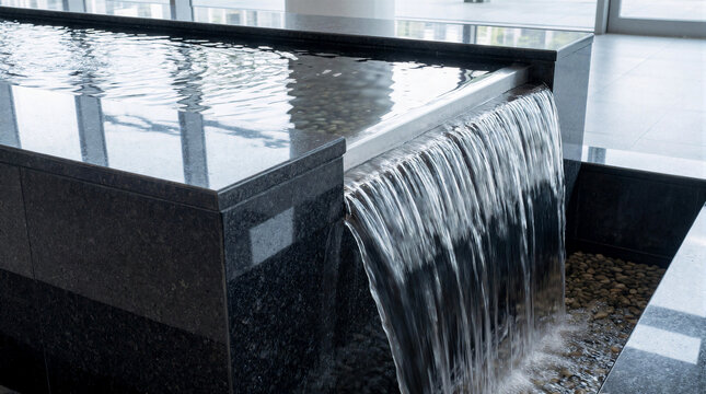 Water feature with a 4m long black granite channel and 5mm thick flowing sheet
