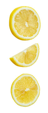 Top view set of yellow lemon slices in circle shape and a semi circle isolated on white background with clipping path