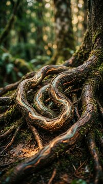 Intricate Tree Roots in a Lush Forest Setting.
