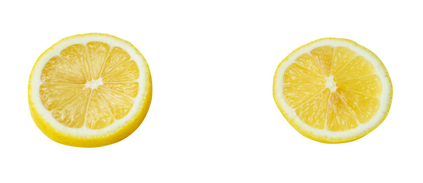 Top view set of yellow lemon slices in circle shape isolated on white background with clipping path