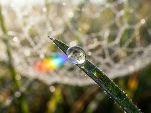 Macro shot of a dewdrop on a blade of grass with a spiderweb and rainbow bokeh.