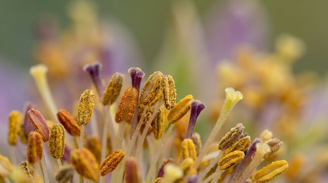 Macro shot of a flower stamen with pollen grains visible in detail.