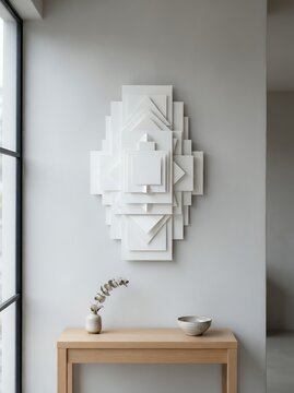 Modern Geometric Wall Art Sculpture with Minimalist Decor on Wooden Console Table.