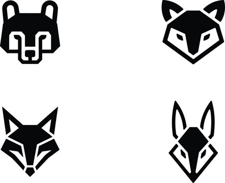 A collection of four minimalist black and white animal head icons featuring stylized fox and wolf face designs