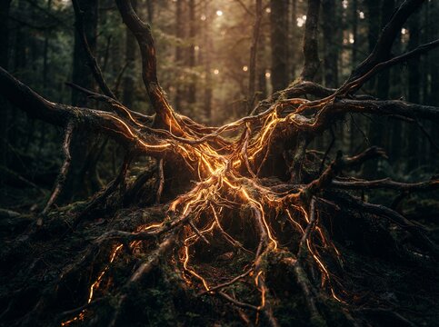 Mystical Forest Roots Glowing with Ethereal Light.