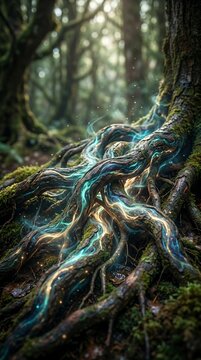 Mystical Forest Roots Glowing with Ethereal Light.