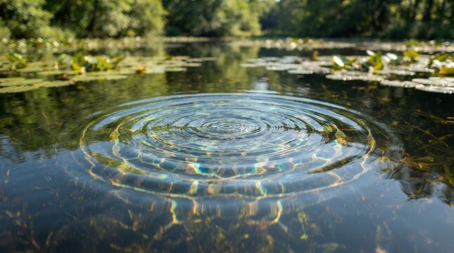 Ripples on a calm pond surface with lily pads and trees in the background.