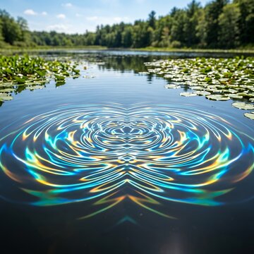 Ripples on a calm lake with lily pads and trees in the background.