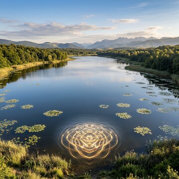 Serene Lake with Abstract Water Ripple Art and Mountain Landscape.