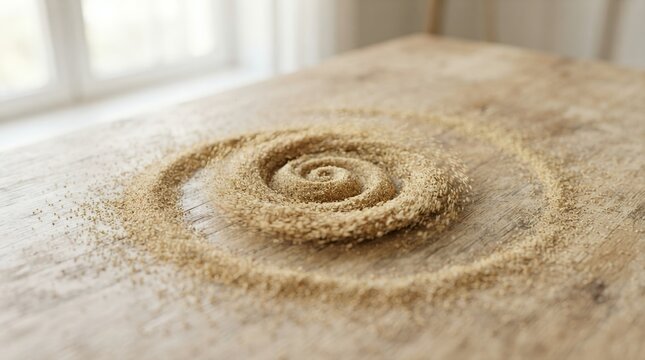 Spiral pattern in sand on a textured surface.