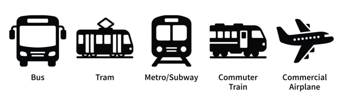 Air, Auto, Railway Transport Silhouette Icon Set, stop station sign for public transport glyph pictogram, car bus tram train metro plane ship icons in front view, isolated vector illustration
