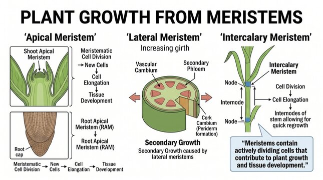 Plant Growth from Meristems Educational Infographic Showing Apical Lateral and Intercalary Meristem Biological Development Processes