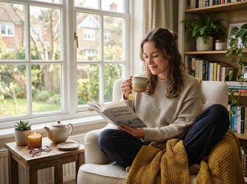 Young woman relaxing reading a book and drinking tea by the window.